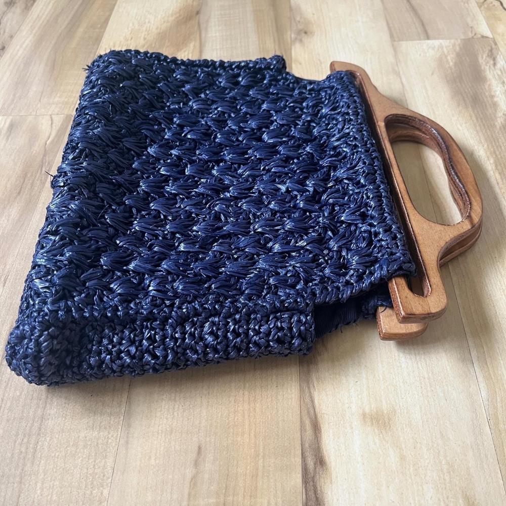 Vintage Handbag Straw Navy Blue Wood Coastal Beach Preppy Cottage‎ Classic Vacay - Picture 7 of 12